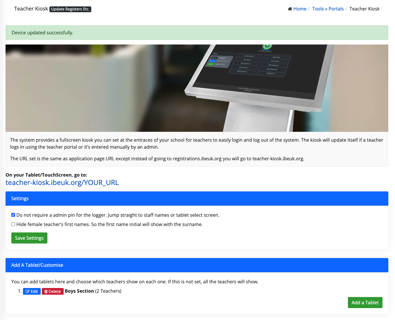 Teacher Kiosk Settings